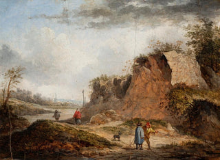 Landscape painting with rocky scenery, travelers on a path, and two figures conversing in the foreground - Thomas van Apshoven — artwork view
