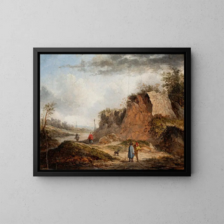 Landscape painting with rocky scenery, travelers on a path, and two figures conversing in the foreground - Thomas van Apshoven — framed artwork on a wall