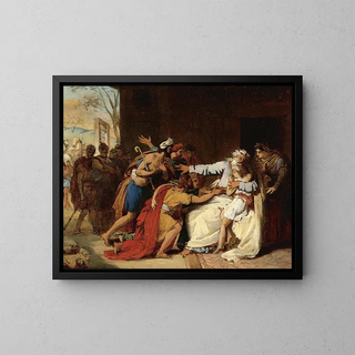 Jacob refusing to send Benjamin afar - Théophile Auguste Vauchelet — framed artwork on a wall