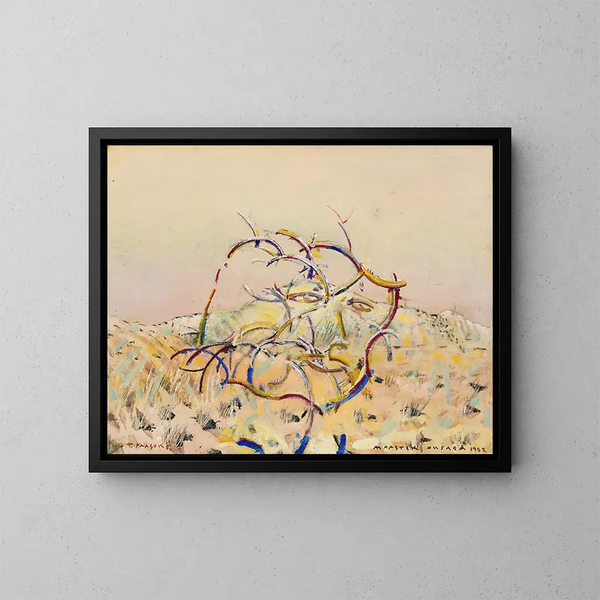 Self-portrait with a branch of maastik - Tiit Pääsuke — framed artwork on a wall