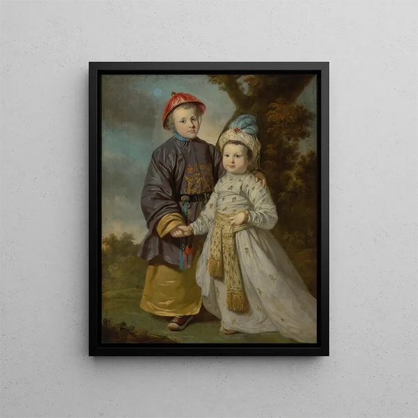 Portrait of Two Children in Oriental Costumes - Tilly Kettle — framed artwork on a wall