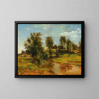 a rolling landscape with a stream - Tina Blau — framed artwork on a wall