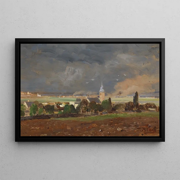 Village landscape painting before the storm - Tina Blau — framed artwork on a wall