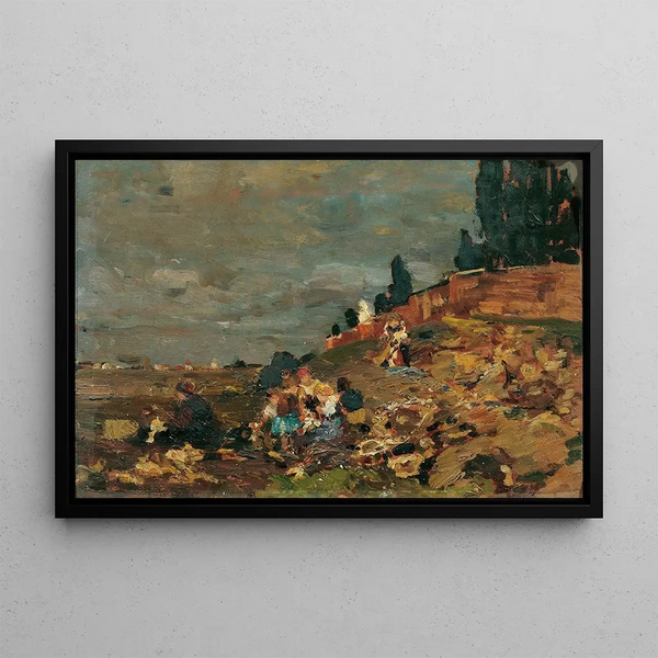 Children on the cemetery wall - Tina Blau — framed artwork on a wall