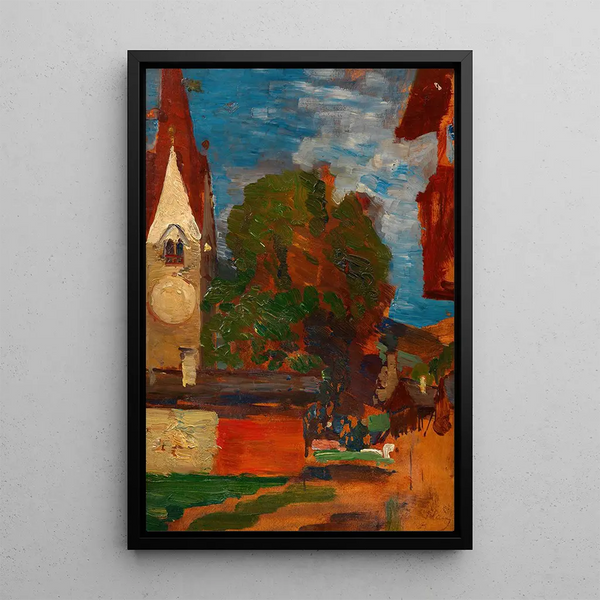 Church on the village square of Taufers - Tina Blau — framed artwork on a wall