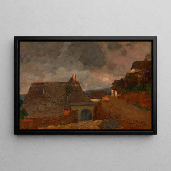 Village painting in gloomy weather Weienkirchen - Tina Blau — framed artwork on a wall