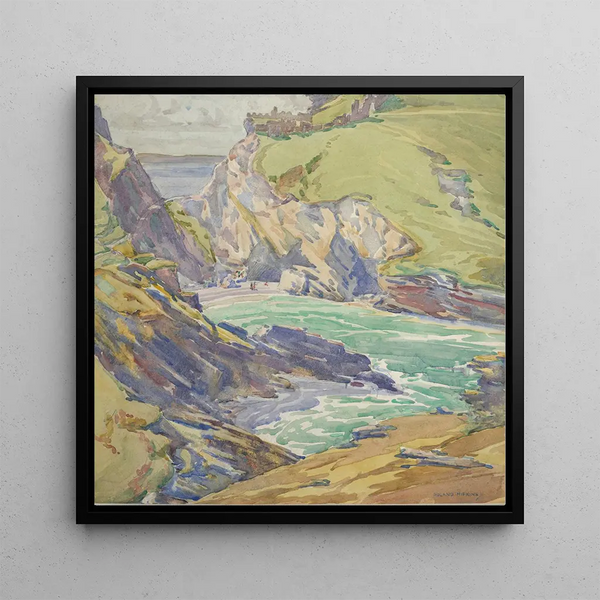 Tintagel Haven painting without title with the ruins of Tintagel Castle in Cornwall - Roland Hipkins — framed artwork on a wall