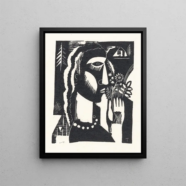 Woman with Flowers in Hand - Tinus van Doorn — framed artwork on a wall