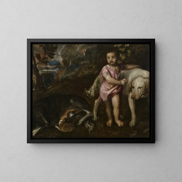 Boy with Dogs in a Landscape - Titian — framed artwork on a wall