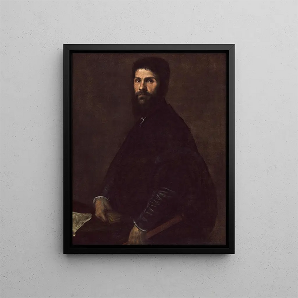 a man holding a flute - Titian — framed artwork on a wall