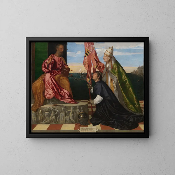 Pope Alexander VI presenting Bishop Jacopo Pesaro to Saint Peter - Titian — framed artwork on a wall