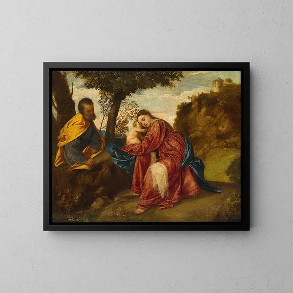 The Rest During the Flight into Egypt - Titian — framed artwork on a wall