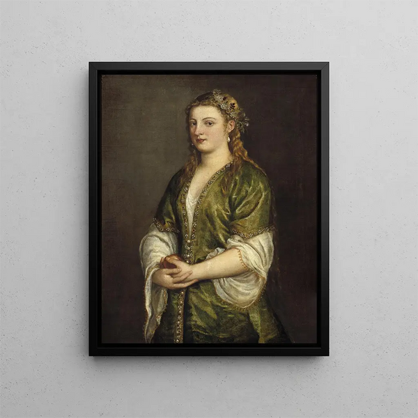 a Woman Holding an Apple - Titian — framed artwork on a wall