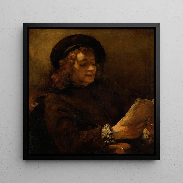 Titus van Rijn, the artist's son reading - Rembrandt van Rijn — framed artwork on a wall