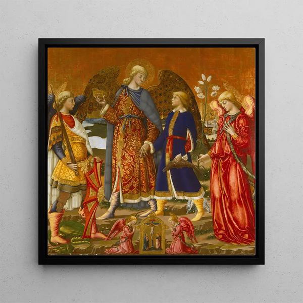 Tobias and Three Archangels - Neri di Bicci — framed artwork on a wall