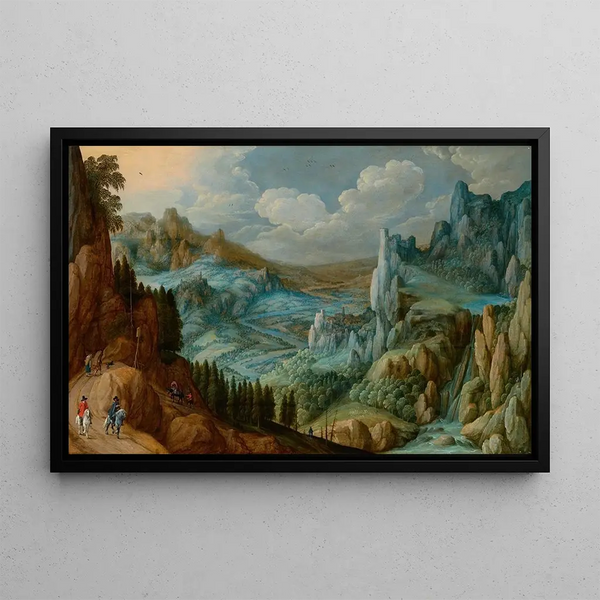 A vast mountainous landscape with travelers on a path - Tobias Verhaecht — framed artwork on a wall