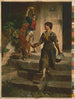 a boy descending the stairs and looking over his shoulder at a boy and a dog - Toby E. Rosenthal — artwork view