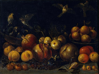 Nature morte with pomegranates, apples, pears, grapes, figs, and birds - Tommaso Realfonso — artwork view