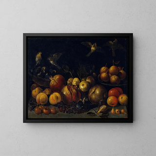 Nature morte with pomegranates, apples, pears, grapes, figs, and birds - Tommaso Realfonso — framed artwork on a wall
