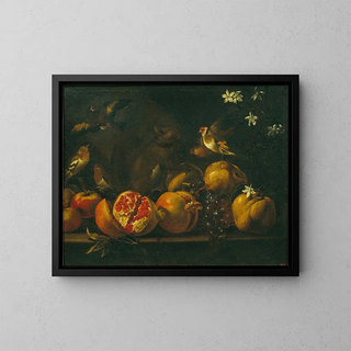 Nature morte with pomegranates, grapes, birds, and a squirrel - Tommaso Realfonso — framed artwork on a wall