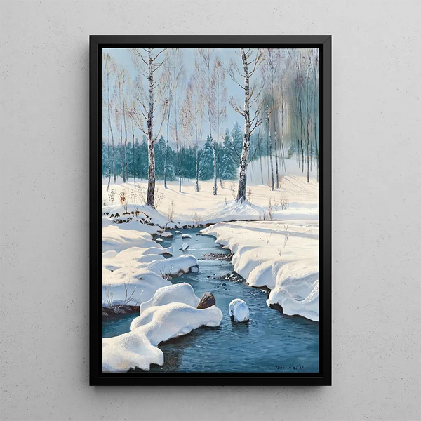 Winter landscape painting with a stream - Toni Haller — framed artwork on a wall