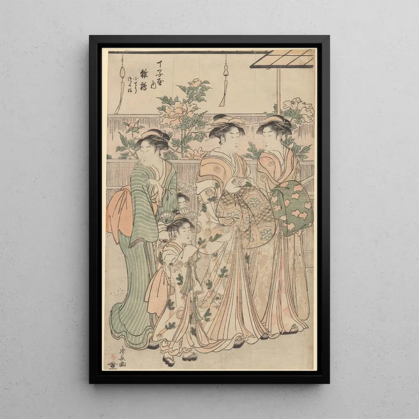 Peonies on Nakanoch Street in the Yoshiwara gay district - Torii Kiyonaga — framed artwork on a wall