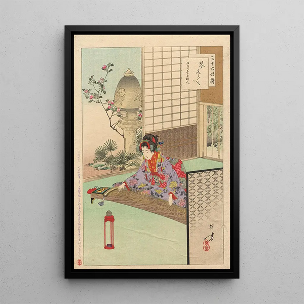 Playing Koyo: A Lady from Nagoya of the Koka Era 1844-1848 from the Series Thirty-Six Elegant Selections - Toshikata Mizuno — framed artwork on a wall