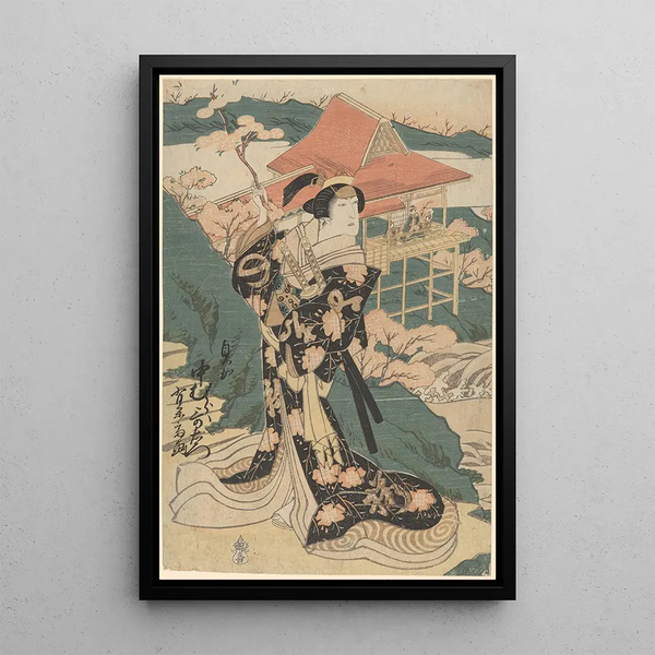 Actor holding a cherry blossom - Toyokuni Utagawa — framed artwork on a wall