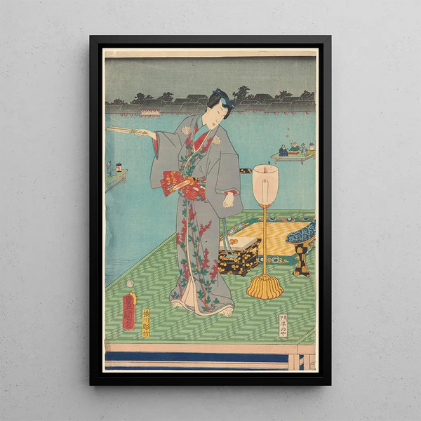 Actor in gray costume with red border - Toyokuni Utagawa — framed artwork on a wall