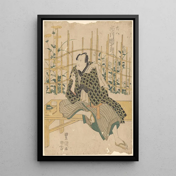 Actor on bench, flowers and bamboo in the background - Toyokuni Utagawa — framed artwork on a wall