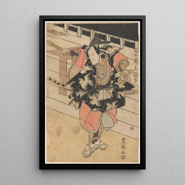 Actor with costume part adorned with birds on black background - Toyokuni Utagawa — framed artwork on a wall