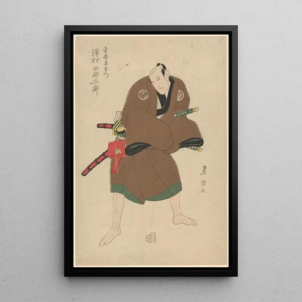 an actor dressed as a samurai in a brown robe - Toyokuni Utagawa — framed artwork on a wall
