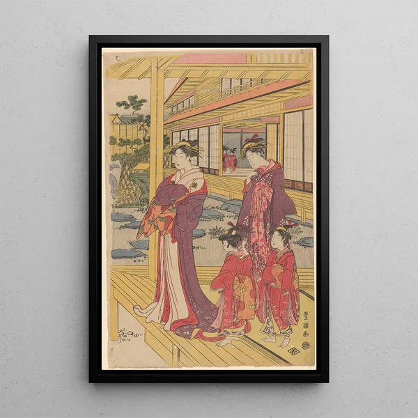 Courtesans and Servants - Toyokuni Utagawa — framed artwork on a wall