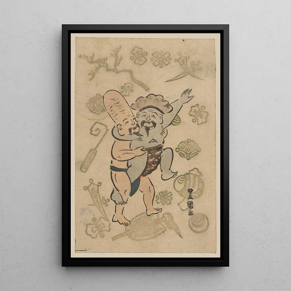 Daikoku and Fukurokuju no Sum - Toyokuni Utagawa — framed artwork on a wall