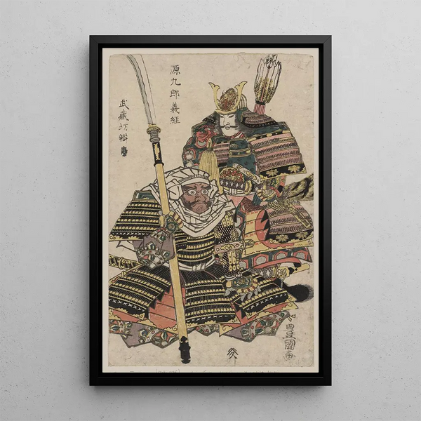 Genkur Yoshitsune and Musashib Benkei - Toyokuni Utagawa — framed artwork on a wall