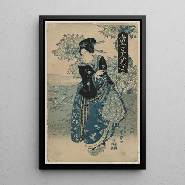 a woman holding a kiseru - Toyokuni Utagawa — framed artwork on a wall