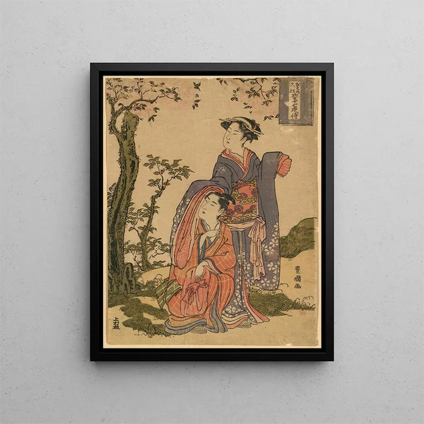 Osome hisamatsu chikai no jūshichiya machi - Toyokuni Utagawa — framed artwork on a wall