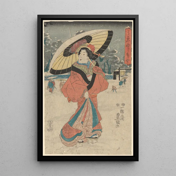Woman in the snow with umbrella - Toyokuni Utagawa — framed artwork on a wall