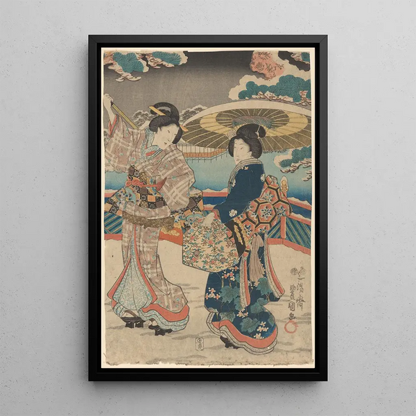 Snow scene, two women with umbrellas and bags - Toyokuni Utagawa — framed artwork on a wall