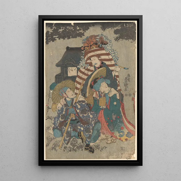 Three Figures, One with an Animal Head Headdress - Toyokuni Utagawa — framed artwork on a wall