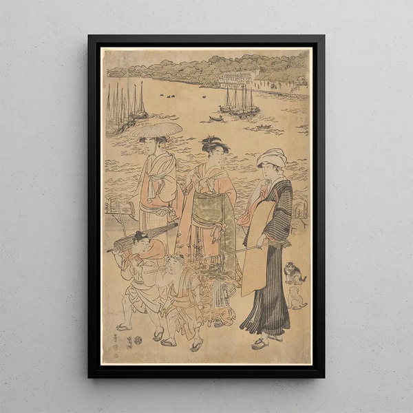 Three women and two children by the water, boats in the background - Toyokuni Utagawa — framed artwork on a wall