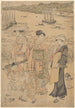 Three women and two children by the water, boats in the background - Toyokuni Utagawa — artwork view