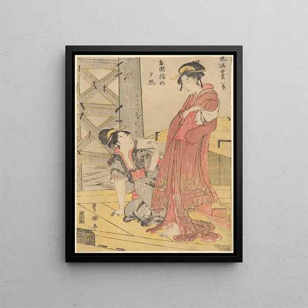 Two women, one on the ground, holding a letter - Toyokuni Utagawa — framed artwork on a wall