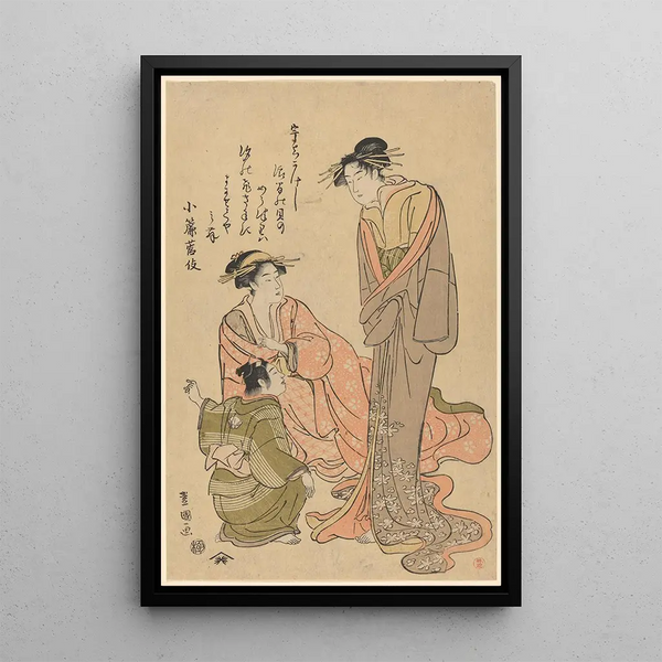 Two women talking to a servant - Toyokuni Utagawa — framed artwork on a wall