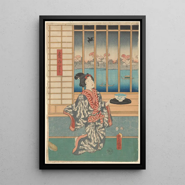 a Woman holding a bowl and a tray in front of a window, cherry blossoms outside - Toyokuni Utagawa — framed artwork on a wall