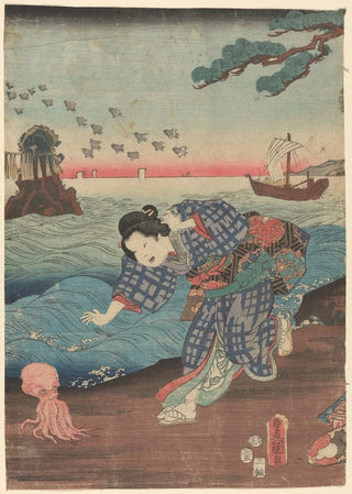 Toyokuni Utagawa - Woman Running on Seashore Octopus.webp