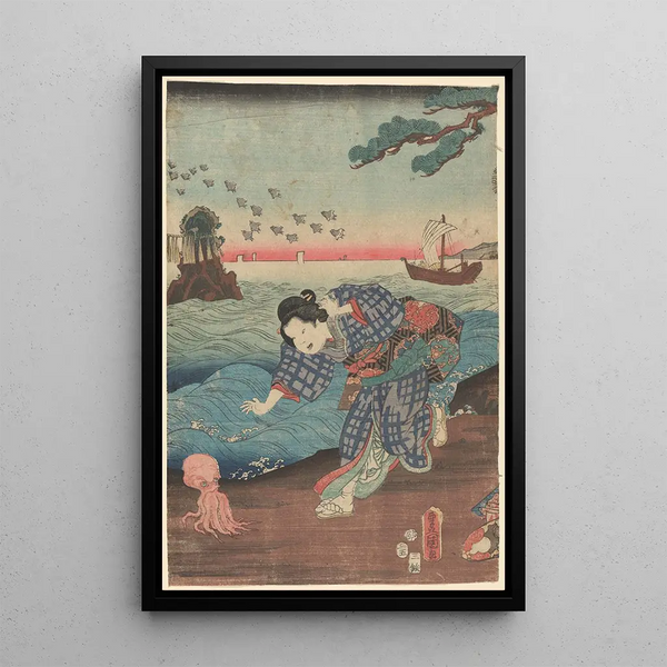 Woman running on the shore, octopus - Toyokuni Utagawa — framed artwork on a wall