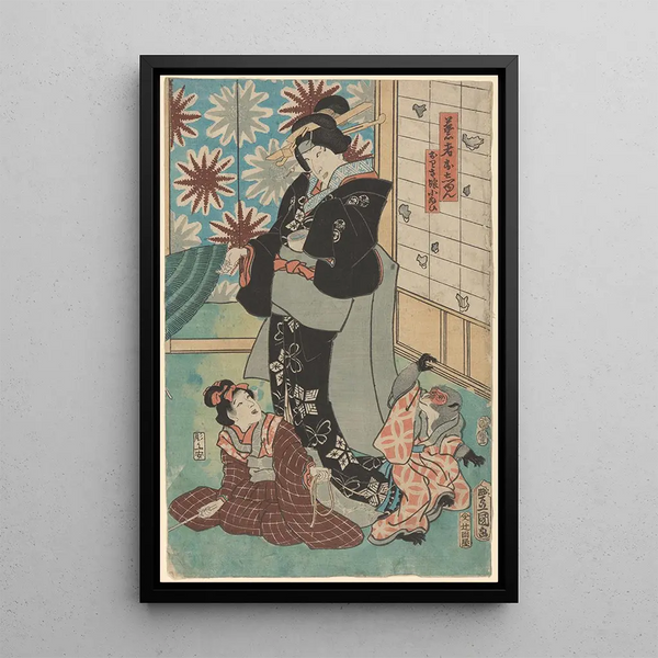 Woman and child playing with a monkey - Toyokuni Utagawa — framed artwork on a wall