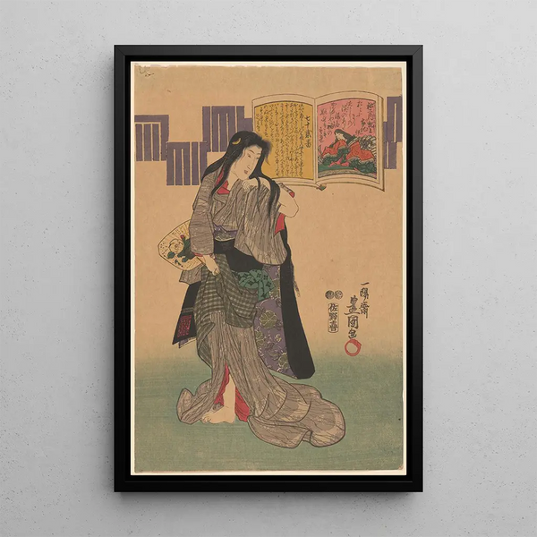 a woman in a gray dress, with loose hair - Toyokuni Utagawa — framed artwork on a wall