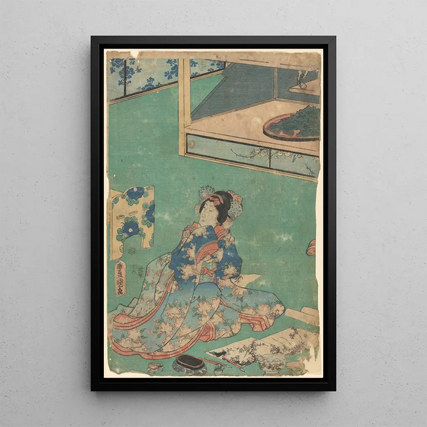 Woman in Blue Ombre Kimono with Elaborate Pink Peony Embroidery - Toyokuni Utagawa — framed artwork on a wall